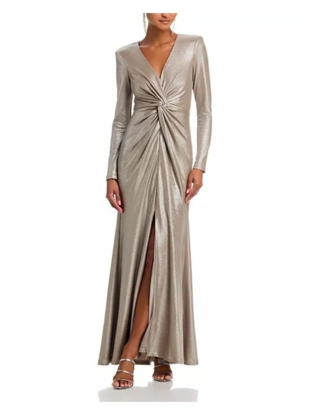 ELIZA J Long Sleeved V Neck Twist Waist Mermaid Gown platinum maxi dress size 4